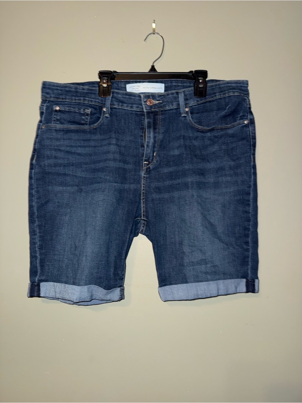 Classic Dark Blue Denim Bermuda Shorts with Rolled Hem
